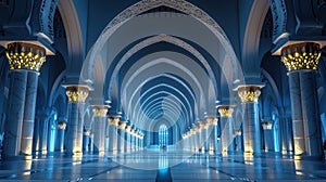 A mosque interior with rows of worshippers performing photo