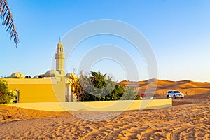 Mosque in Lahbab desert on sunset Dubai  UAE