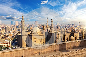 The Mosque-Madrassa of Sultan Hassan at sunset, Cairo, view from the Citadel in Egypt