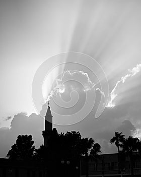 Mosque with minaret and rays of light