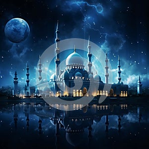 Mosque with minarets, mirrored in water moon in the sky at night. Mosque as a place of prayer for Muslims