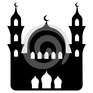 A mosque with minarets on the sides. Silhouette. Buildings with arched windows and doors