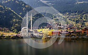 Mosque on the mountain lake Uzungol, Trabzon, Turkey.