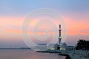 Mosque at Muharraq corniche during dusk , Bahrain