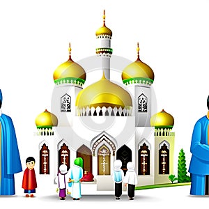 Mosque and Muslim family on white background. 3d rendering. generative AI