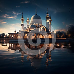 mosque near a body of water, its architectural details illuminated under the moonlight