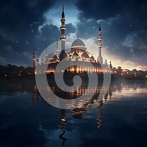 mosque near a body of water, its architectural details illuminated under the moonlight