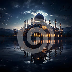 mosque near a body of water, its architectural details illuminated under the moonlight