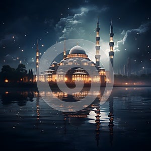 mosque near a body of water, its architectural details illuminated under the moonlight