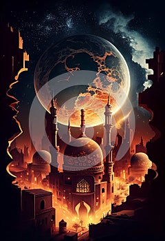 mosque in night Arabian nights , Ramadan Eid crescent moon