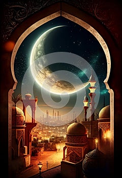 mosque in night Arabian nights , Ramadan Eid crescent moon