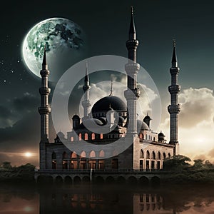 mosque in night Arabian nights , Ramadan Eid crescent moon