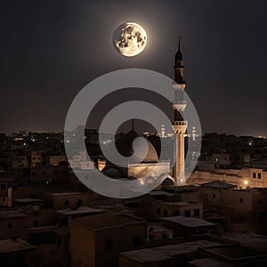 mosque in night Arabian nights , Ramadan Eid crescent moon