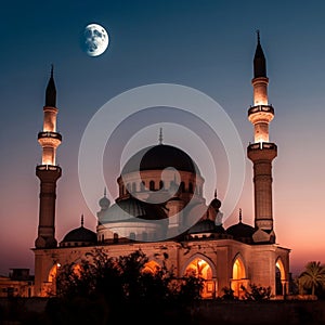 mosque in night Arabian nights , Ramadan Eid crescent moon