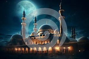 mosque in night Arabian nights , Ramadan Eid crescent moon