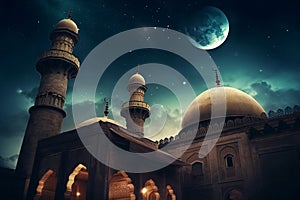 mosque in night Arabian nights , Ramadan Eid crescent moon