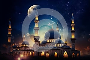 mosque in night Arabian nights , Ramadan Eid crescent moon