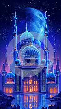 A mosque in the night with the moon and stars. Blue Night Sky Islamic Ramadan Mosque Background