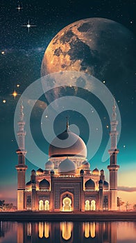A mosque in the night with the moon and stars. Blue Night Sky Islamic Ramadan Mosque Background