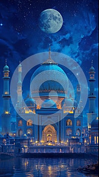 A mosque in the night with the moon and stars. Blue Night Sky Islamic Ramadan Mosque Background