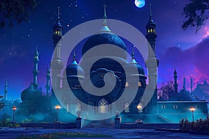 A mosque in the night with the moon and stars. Blue Night Sky Islamic Ramadan Mosque Background