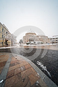 Mosque in Pecs, Hungary at snowing