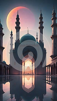 Mosque reflected in calm water at sunrise, Generative AI