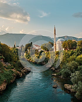 Mosque and river neretva in Mostar Bosnia and Hercegovina