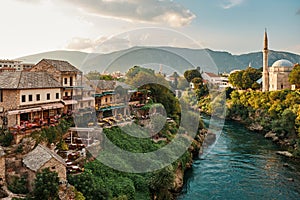 Mosque and river neretva in Mostar Bosnia and Hercegovina