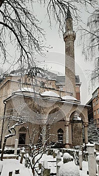 Mosque in Sarajevo during the wintwr, Istanbul building style