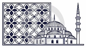 Mosque Silhouette with Blue Geometric Pattern Border, vector design Generative AI
