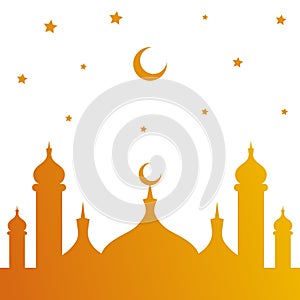 Mosque silhouette with gold crescent moon and stars vector illustration