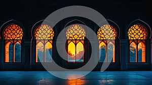 Mosque silhouette, illuminated windows, portraying unity, and shared spirituality with copy space