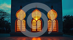 Mosque silhouette, illuminated windows, portraying unity, and shared spirituality with copy space