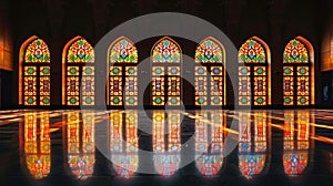 Mosque silhouette, illuminated windows, portraying unity, and shared spirituality with copy space