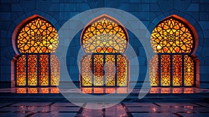 Mosque silhouette, illuminated windows, portraying unity, and shared spirituality with copy space