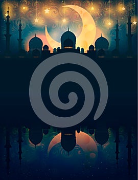 Mosque silhouette in night sky with crescent moon and star