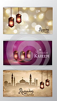 Mosque silhouette in night sky with crescent moon and star greeting card set