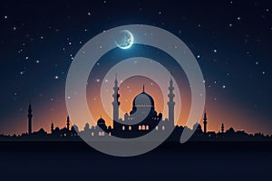 Mosque silhouette in night sky with crescent moon and stars, ramadan. Generative AI