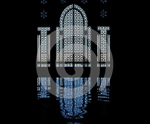 Mosque silhouette and reflection of door