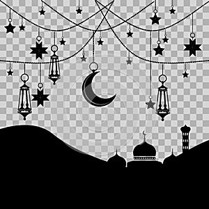 mosque silhouette, star, crescent and lantern bullion isolated and easy to edit.