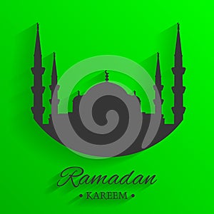 Mosque silhouette and written ramadan kareem with green background, islamic pattern, vector