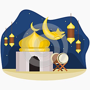 Mosque Star Crescent Lamps Drum Vector Illustration for Eid