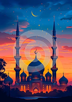 mosque at sunset, with minarets and domes adorned with Eid decorations. photo