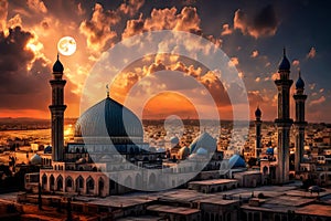 Mosque sunset sky, moon, holy night, islamic night , panaromic islamic wallpaper