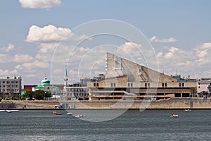 Mosque and Theatre on shores of Nizhny Kaban Lake. Kazan, Tatarstan, Russia