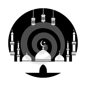 Mosque with Three Lanterns Cut Out Black Circle. Black and white pictogram depicting Muslim festive season Ramadan. EPS Vector