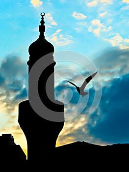 Mosque tower silhouette over the blue sky on dusk and a bird