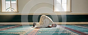 Mosque, worship and muslim man in prayer on his knees for gratitude, support or ramadan for spiritual wellness. Religion