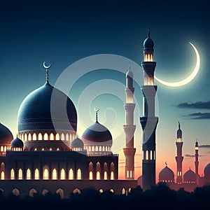 Mosques dome on dark blue twilight sky and crescent moon on background symbol islamic religion